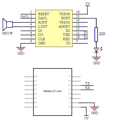 Схема подключения WT2003M02 к Arduino или WeMos D1 mini
